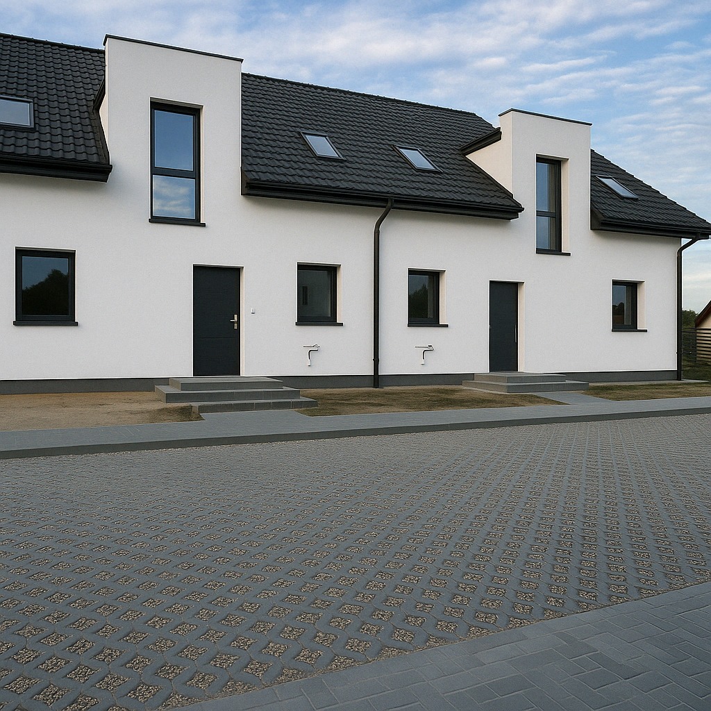 Szara ażurowa kostka na podjeździe przed szeregowcem z białymi ścianami i czarną stolarką okienną. Minimalistyczny design.