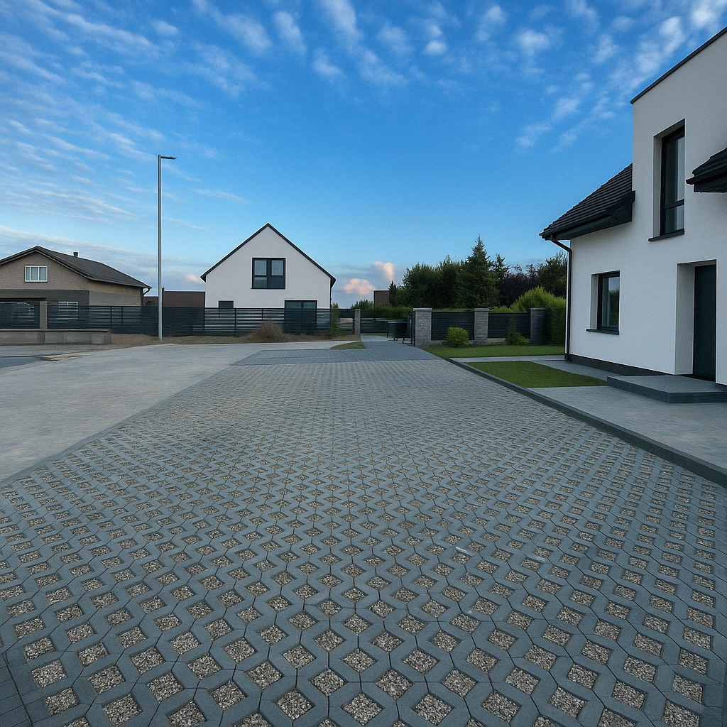 Szara ażurowa nawierzchnia podjazdu z wypełnieniem żwirowym, na tle nowoczesnych domów jednorodzinnych i błękitnego nieba. Widok z perspektywy.