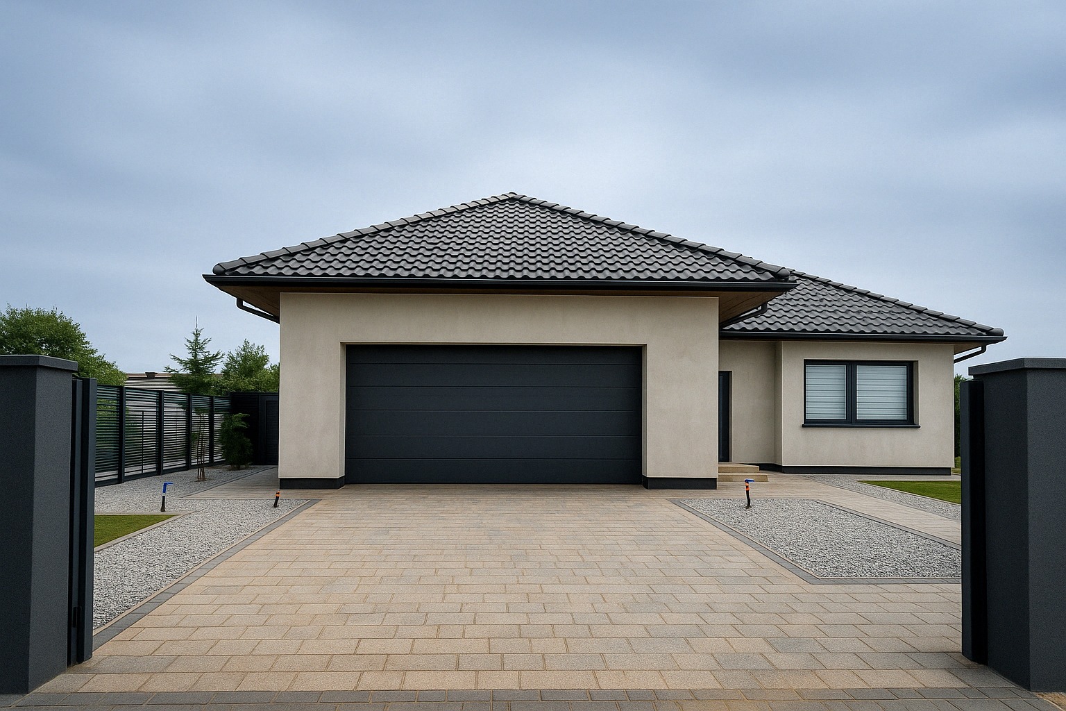 Nowoczesny dom jednorodzinny z beżową elewacją i grafitową bramą garażową. Podjazd wyłożony kostką brukową w odcieniach beżu i szarości. Minimalistyczne oświetlenie.