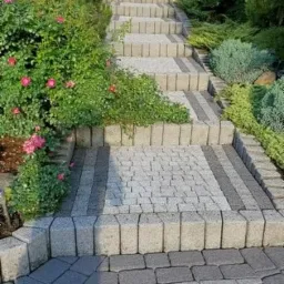 Schody z kostki brukowej prowadzące do wejścia domu, otoczone zielenią i różami, widok z dołu.