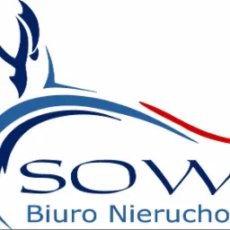 Logo firmy SOWA Biuro Nieruchomości z graficznym wizerunkiem sowy w odcieniach niebieskiego i czerwonego.
