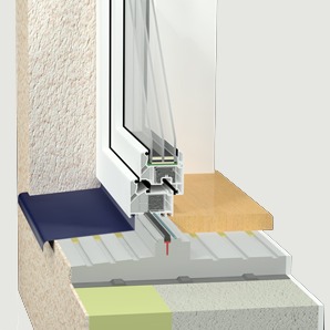 Przekrój poprzeczny okna z zamontowanymi parapetami: zewnętrznym, blaszany, granatowy, oraz wewnętrznym, drewnopodobnym. Widoczna warstwa izolacji i montaż. Prezentacja techniczna z Tarnowa.