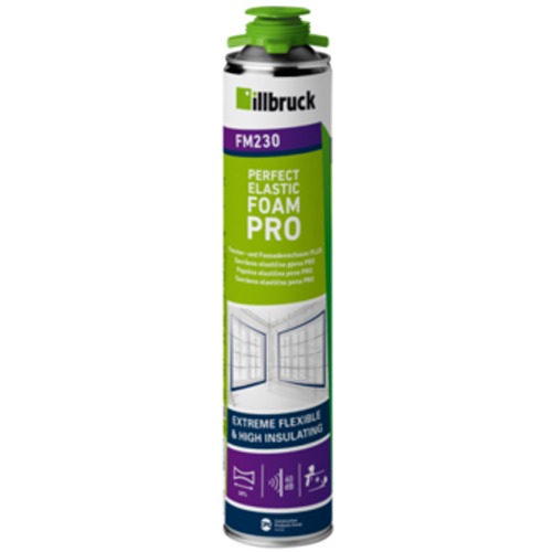 Puszka z pianą montażową Illbruck FM230 Perfect Elastic Foam Pro, widoczne logo i informacje o produkcie, w tle grafika przedstawiająca okno.