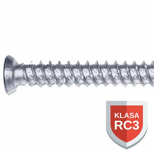 Metalowy wkręt z widoczną klasą odporności RC3 na białym tle.