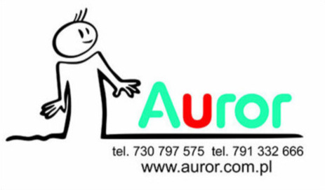 Logo firmy Auror z uproszczoną postacią ludzką, numerami telefonów i adresem strony internetowej