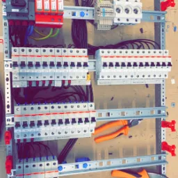Rozdzielnica elektryczna z zamontowanymi bezpiecznikami, wyłącznikami i listwami zaciskowymi, widoczne przewody, narzędzia (szczypce) i akumulatorowa wiertarko-wkrętarka na górze, całość...