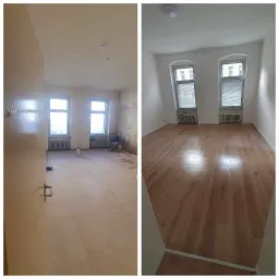 Porównanie stanu pokoju przed i po remoncie: po lewej ściany ze śladami tapety i surowa podłoga, po prawej świeżo pomalowane ściany i ułożona drewniana podłoga