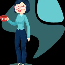 Kreskówkowa postać kobiety w okularach, trzymającej czerwoną filiżankę z napisem '#1', obok dymku dialogowego.