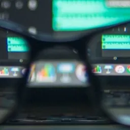 Ekran laptopa z widocznym interfejsem edytora audio i kodu, widziany przez szkła okularów, z widocznymi ikonami Adobe Photoshop, Premiere i After Effects.