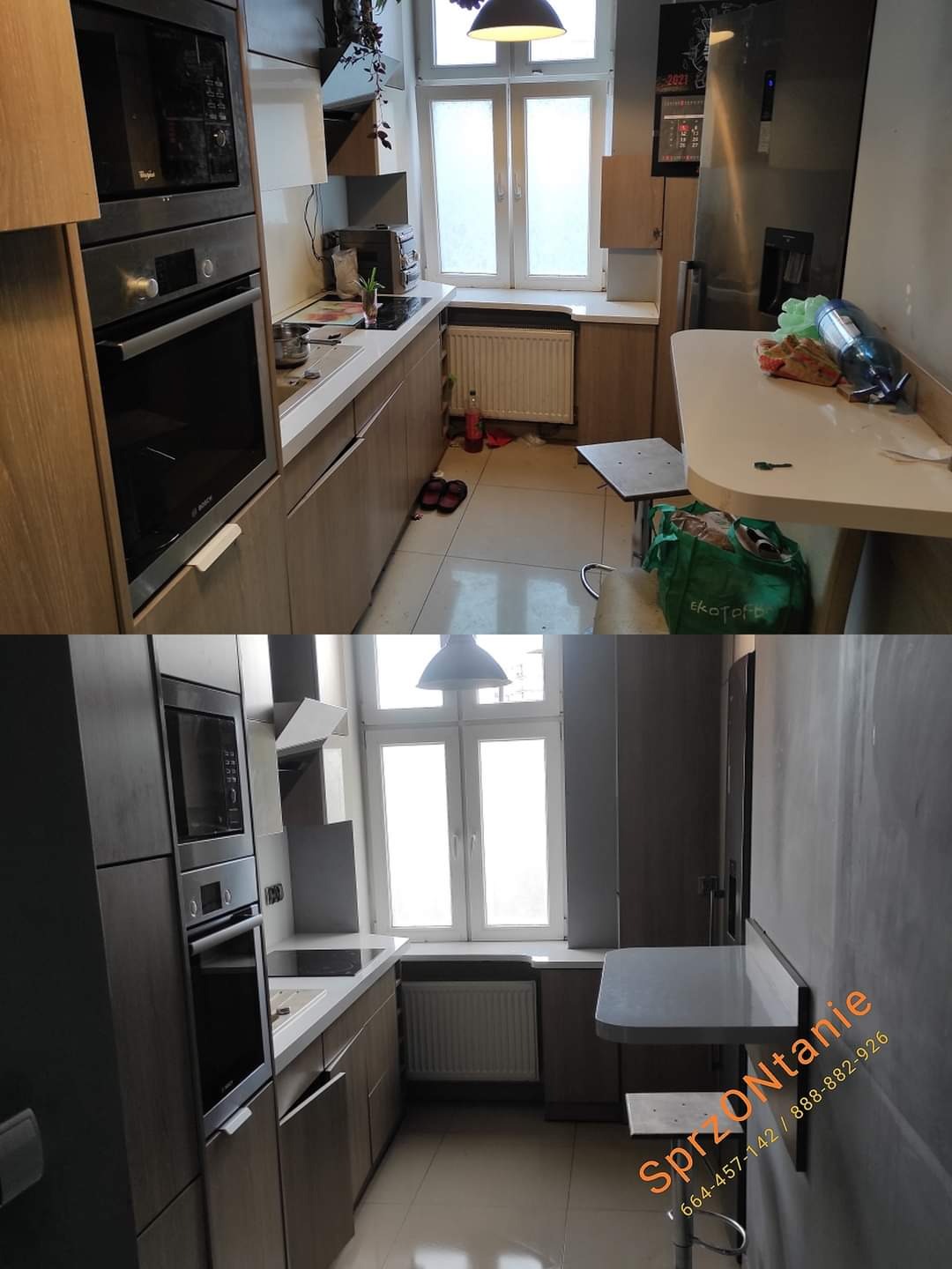 Zdjęcie przedstawia porównanie kuchni przed i po sprzątaniu, widoczny bałagan na podłodze i blacie przed sprzątaniem oraz czysta kuchnia po sprzątaniu z widocznym oknem i grzejnikiem.