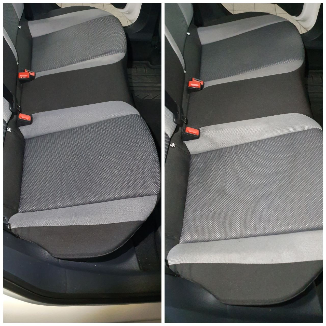 Tapicerka tylnej kanapy samochodu przed i po czyszczeniu, widoczne różnice w odcieniu szarości i usunięte zabrudzenia.