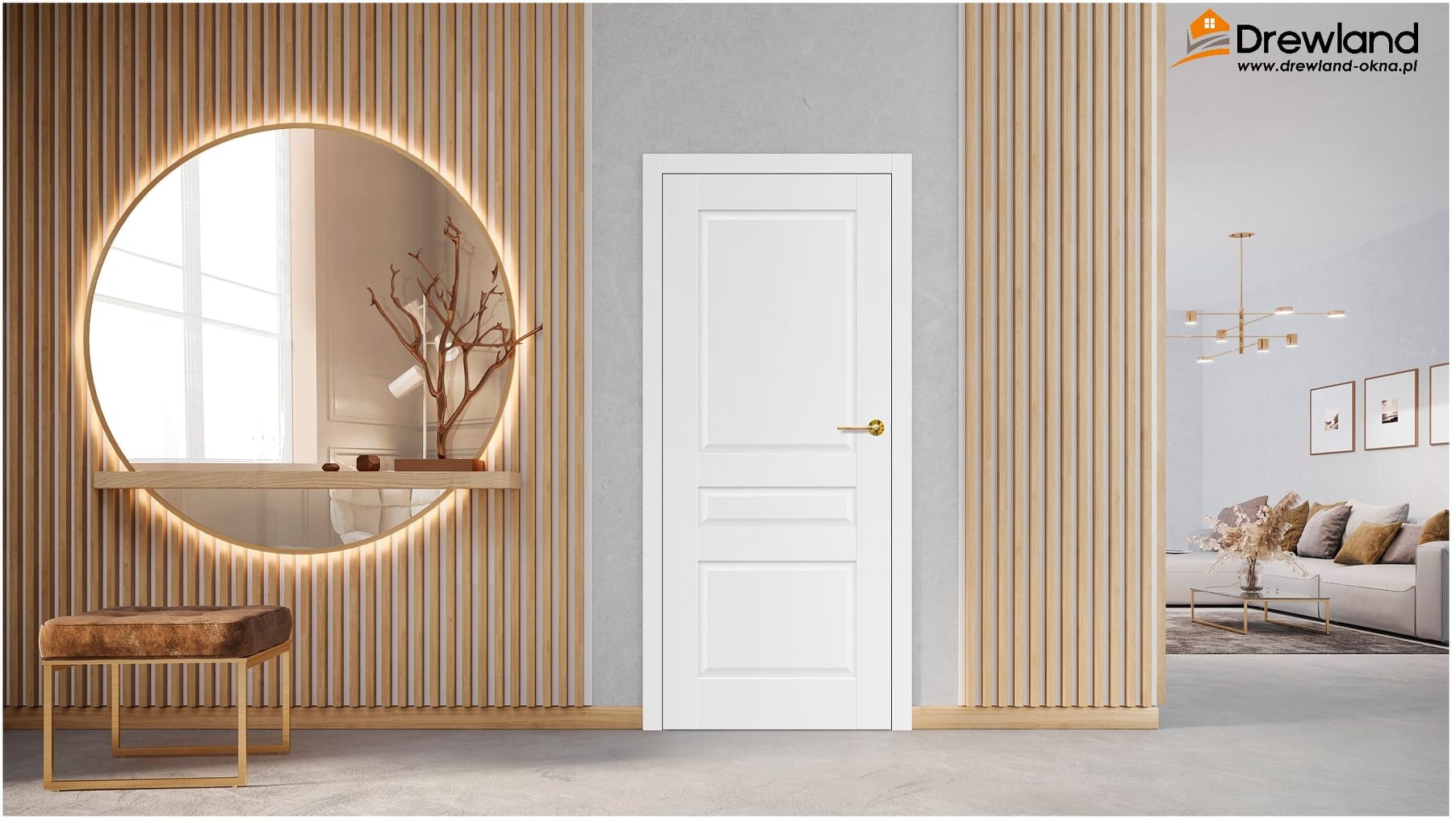 Białe drzwi wewnętrzne z trzema panelami w nowoczesnym przedpokoju z okrągłym lustrem z podświetleniem LED i drewnianymi lamelami na ścianie.