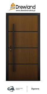 Brązowe drzwi zewnętrzne z długim, pionowym uchwytem, czarną ramą i poziomymi podziałami, na białym tle z logo producenta u góry i nazwą modelu u dołu.