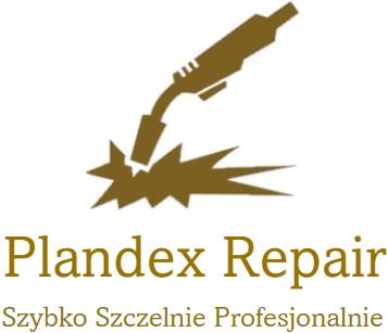 Złote logo firmy Plandex Repair przedstawiające schematyczną spawarkę i iskrę, z hasłem 'Szybko Szczelnie Profesjonalnie' poniżej.