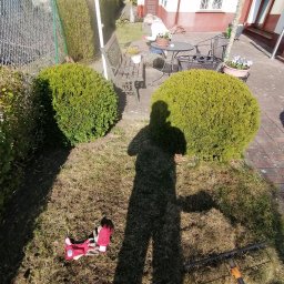 B&B fast green - Cień osoby na trawniku z grabiami i rękawicami ogrodniczymi, w tle dwa okrągłe krzewy, ławka, stół z kwiatami i budynek.