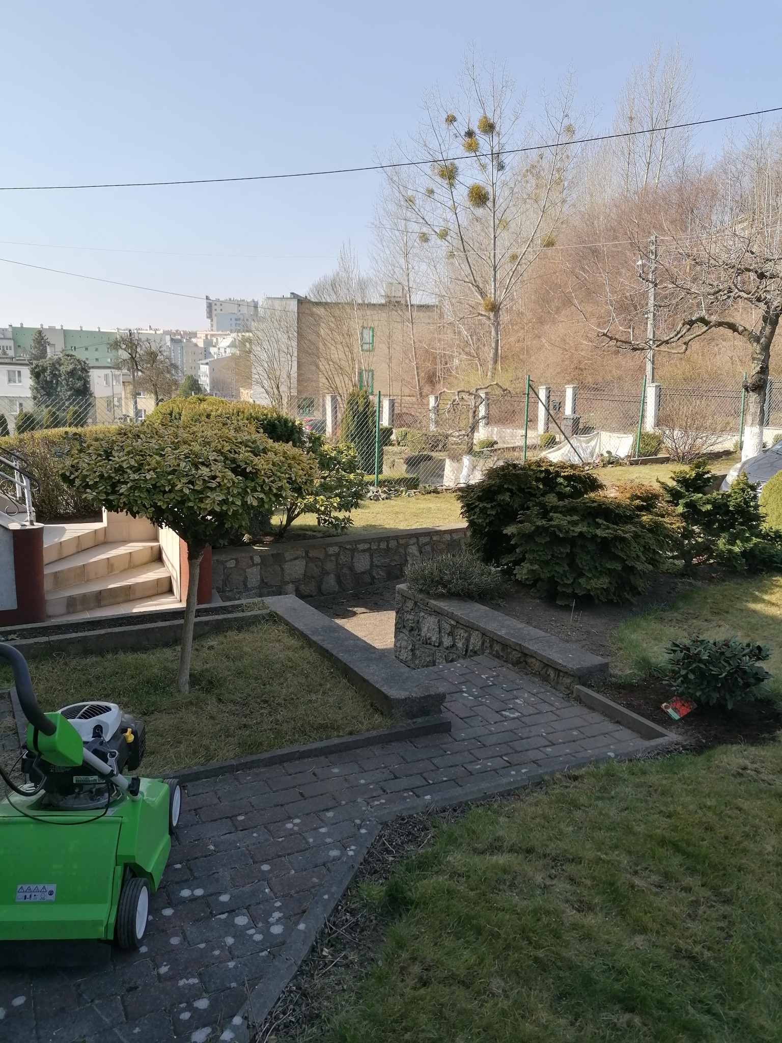 Ogród z równo przystrzyżonym trawnikiem, ścieżką z kostki brukowej i ozdobnymi krzewami w słoneczny dzień, z widoczną maszyną do wertykulacji trawy po lewej stronie.