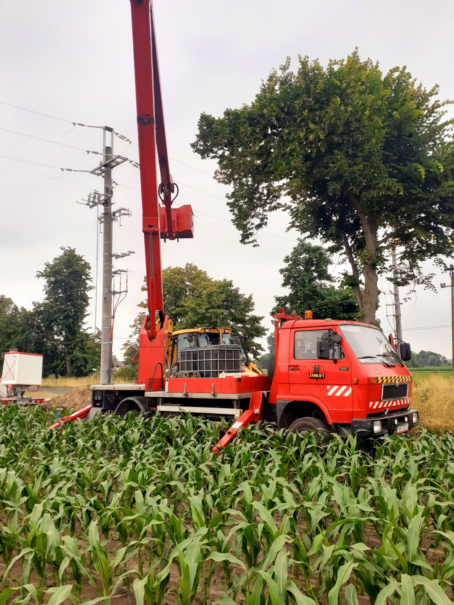 Czerwony samochód z podnośnikiem ZAM LIFT D180 na tle pola kukurydzy i słupa energetycznego, z wysięgnikiem skierowanym ku górze.