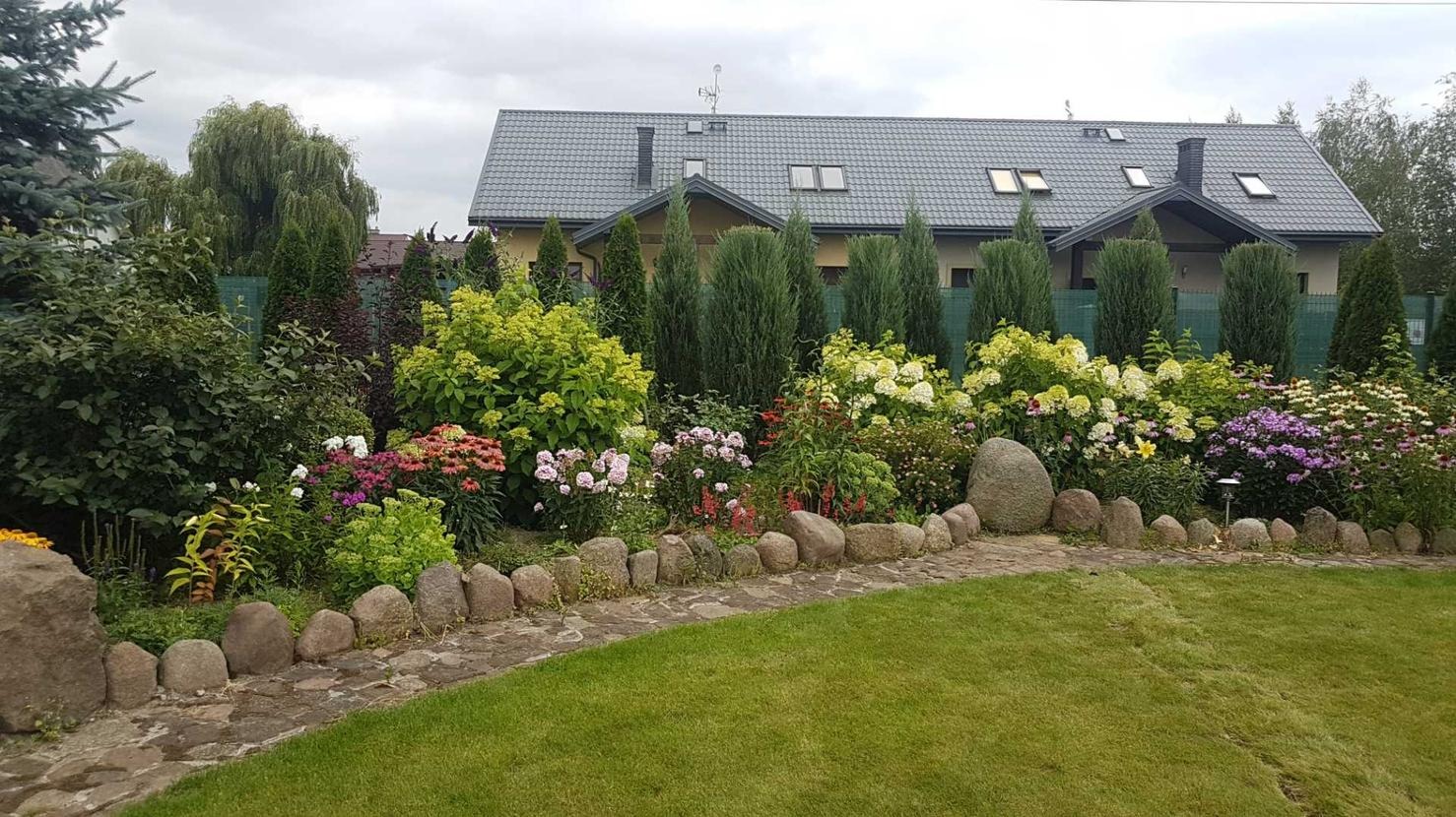 Ogród z kamienną ścieżką i obrzeżem z kamieni polnych, prowadzącą przez trawnik i rabaty kwiatowe, z tujami i innymi krzewami w tle, na tle domu z szarym dachem.