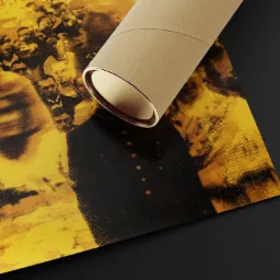 Grafika przedstawiająca tłum ludzi w odcieniach żółci i czerni, z nałożonymi napisami 'Silesian', obok leży kartonowa tuba z metalowym brzegiem.