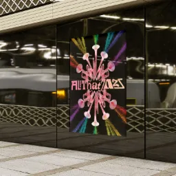 Plakat z abstrakcyjnym motywem trąbek i tęczowych promieni umieszczony na szklanej ścianie w przestrzeni publicznej, z widocznym odbiciem otoczenia.