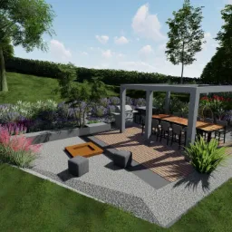 Wizualizacja projektu ogrodu z pergolą, grillem, drewnianym tarasem, miejscem na ognisko i ozdobnymi rabatami kwiatowymi w odcieniach fioletu i czerwieni.