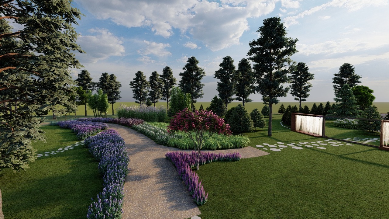 Wizualizacja ogrodu z wijącą się ścieżką obramowaną fioletowymi kwiatami, drzewami iglastymi w tle i dekoracyjnymi panelami wodnymi.