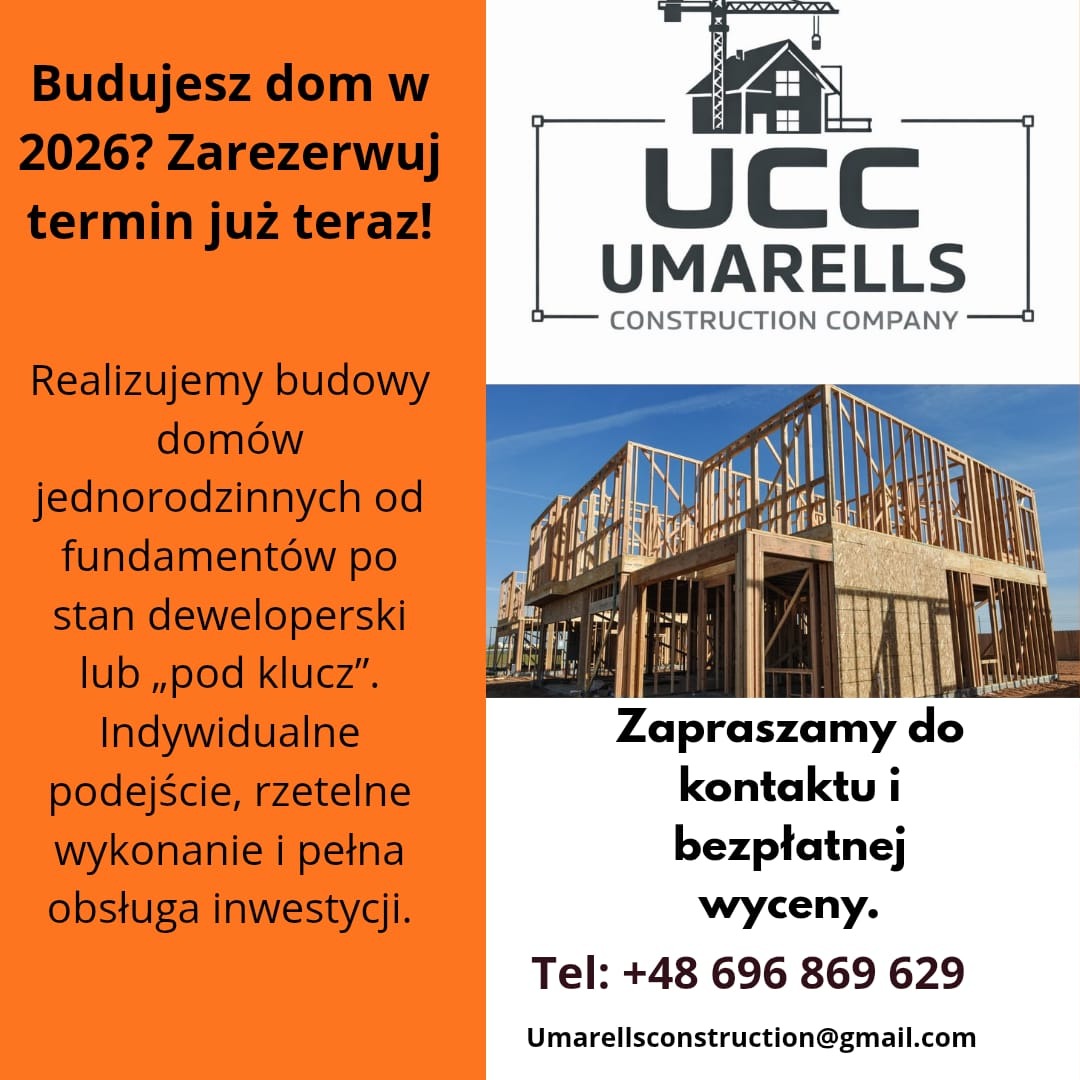 Reklama firmy budowlanej Umarells Construction Company z wizualizacją szkieletu domu jednorodzinnego w trakcie budowy i zaproszeniem do kontaktu.