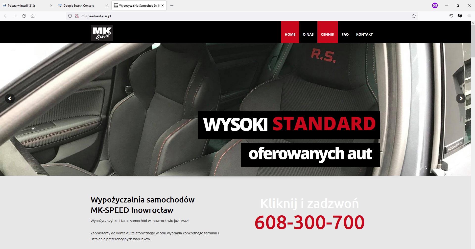 Widok fragmentu strony internetowej wypożyczalni samochodów MK-SPEED z Inowrocławia, prezentujący wnętrze auta z napisem 'WYSOKI STANDARD oferowanych aut' oraz menu nawigacyjne strony z zakładkami...