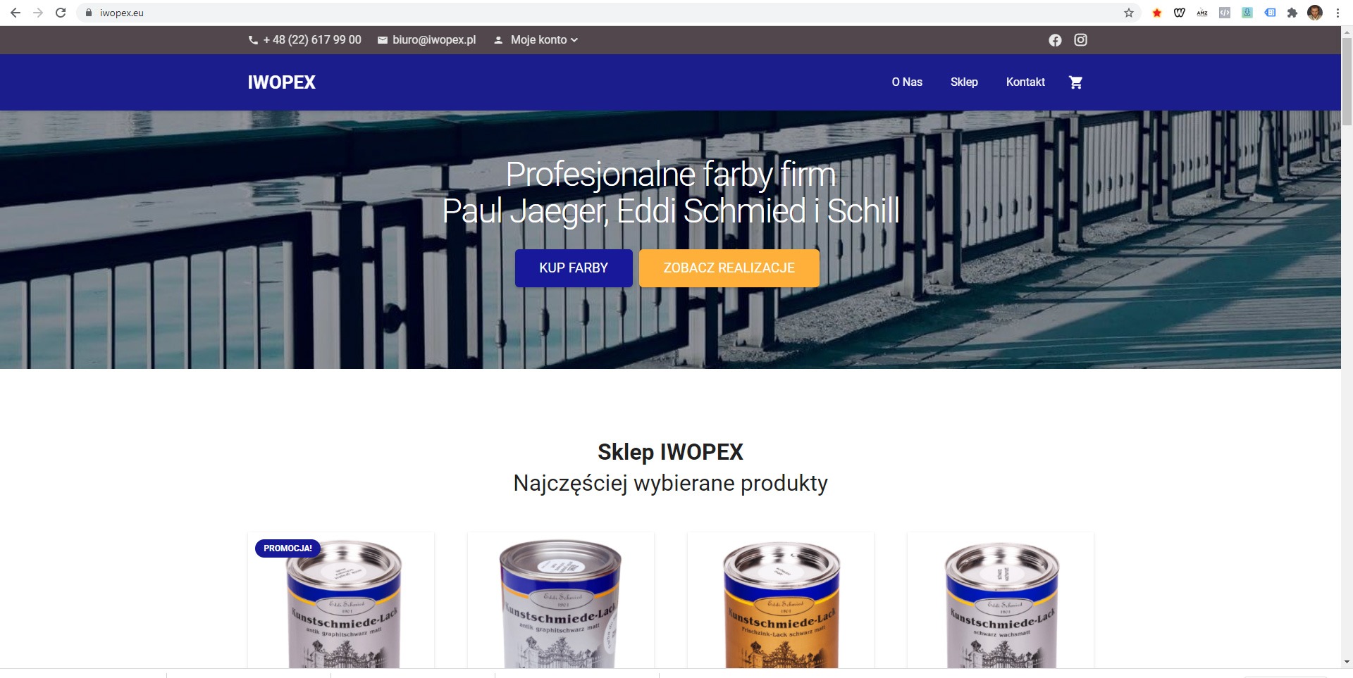Widok strony internetowej sklepu z farbami IWOPEX, prezentujący baner z motywem balustrady i hasłem 'Profesjonalne farby firm Paul Jaeger, Eddi Schmied i Schill' oraz ofertę najczęściej wybieranych...