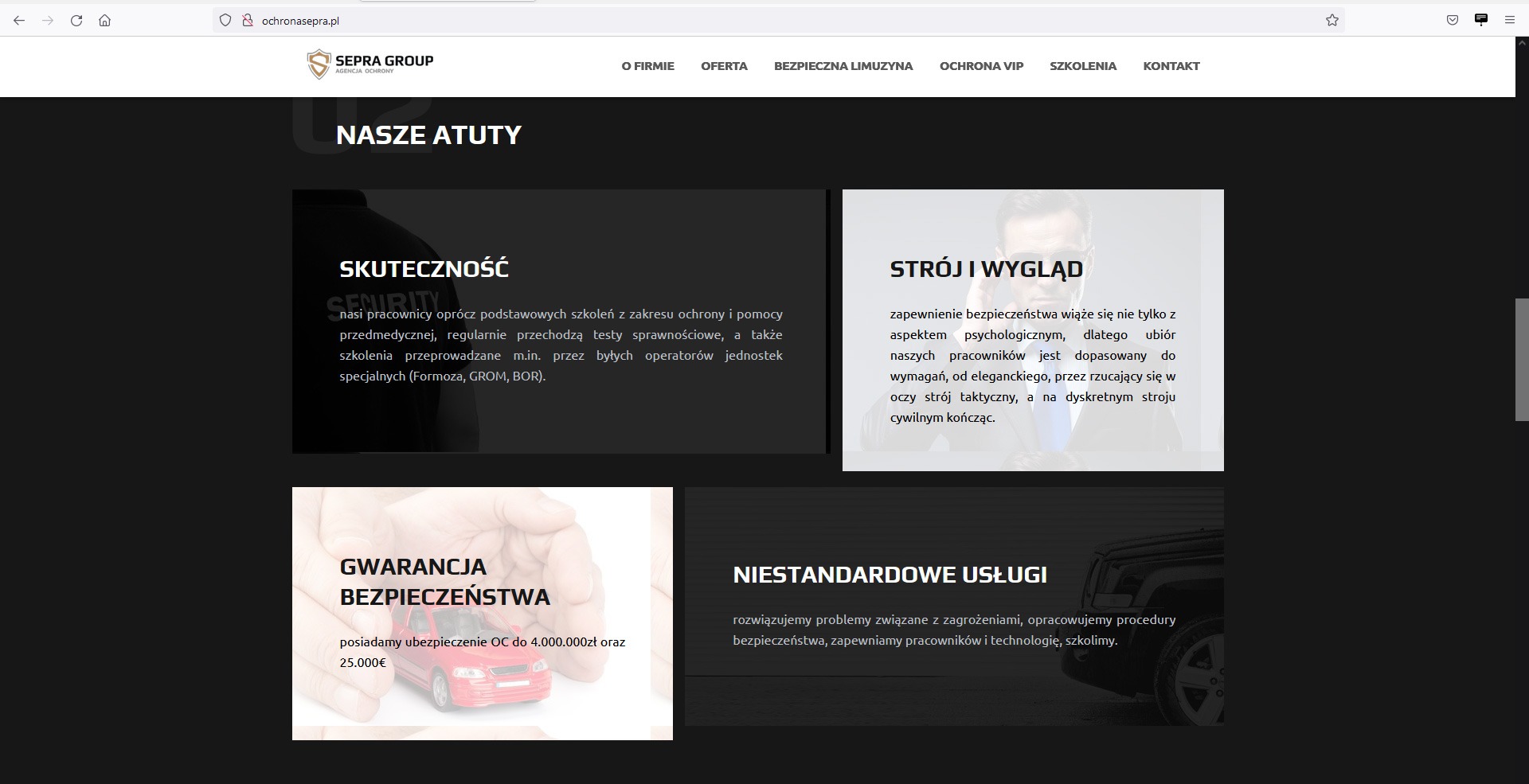 Strona internetowa firmy ochroniarskiej Sepra Group, prezentująca zakładki nawigacyjne, atuty firmy, informacje o szkoleniach, wyglądzie pracowników, gwarancji bezpieczeństwa i niestandardowych...