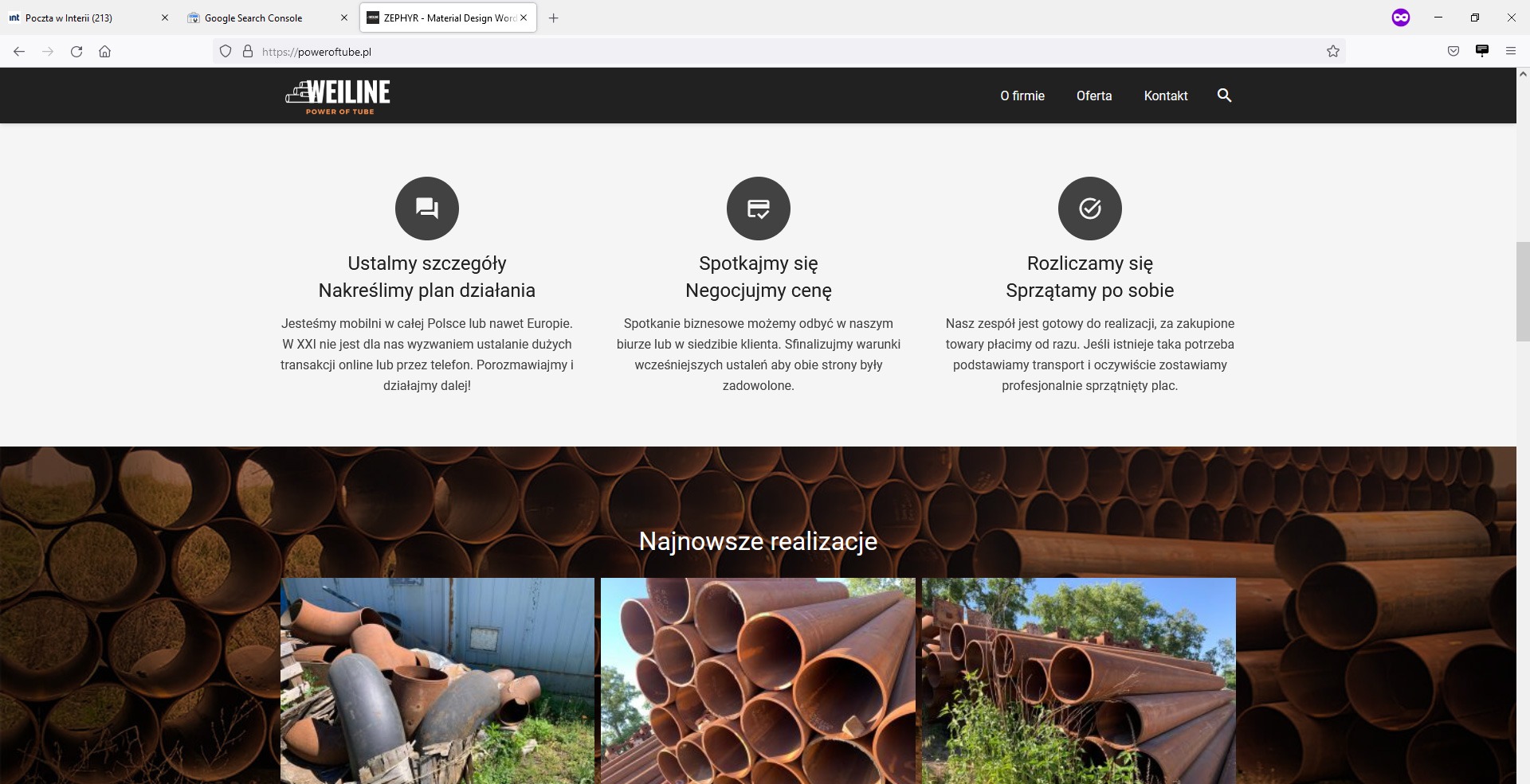 Zrzut ekranu strony internetowej firmy Weilne prezentującej ofertę handlu rurami stalowymi, z sekcją 'Najnowsze realizacje' zawierającą zdjęcia składowanych rur.