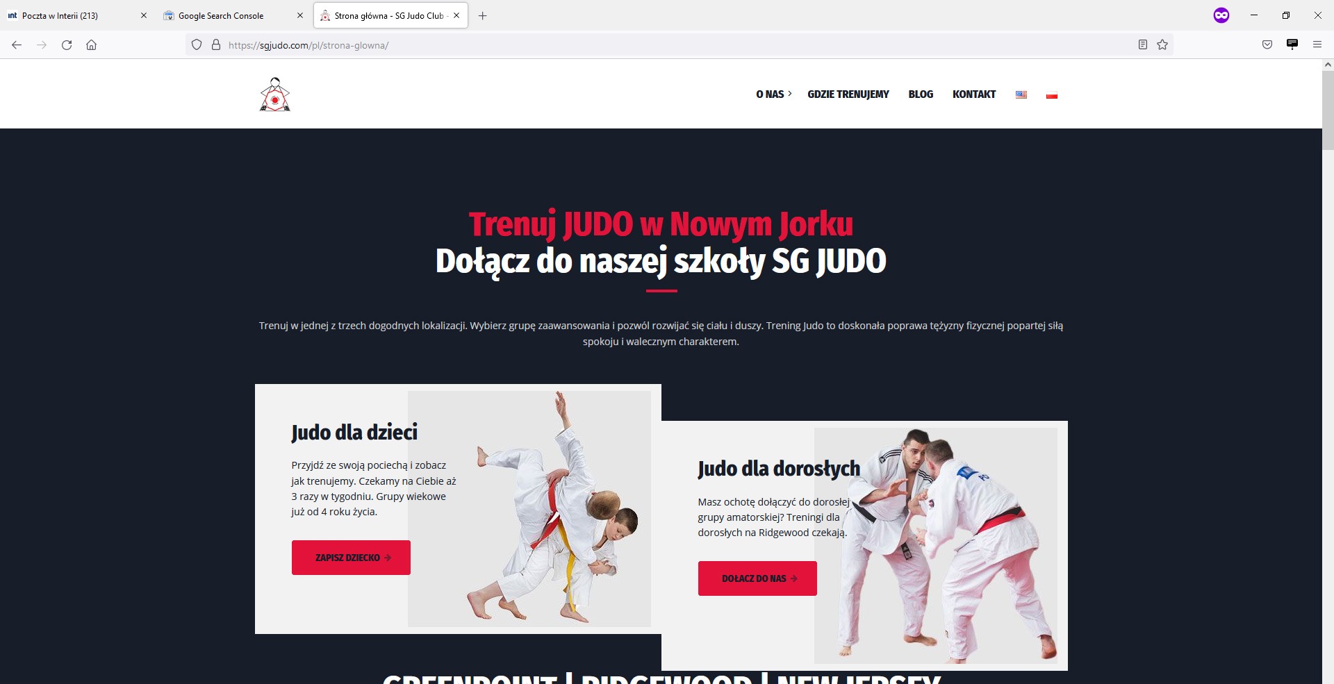 Zrzut ekranu dwujęzycznej strony internetowej nowojorskiego klubu sportowego Judo, z sekcjami dla dzieci i dorosłych, formularzem kontaktowym i blogiem.