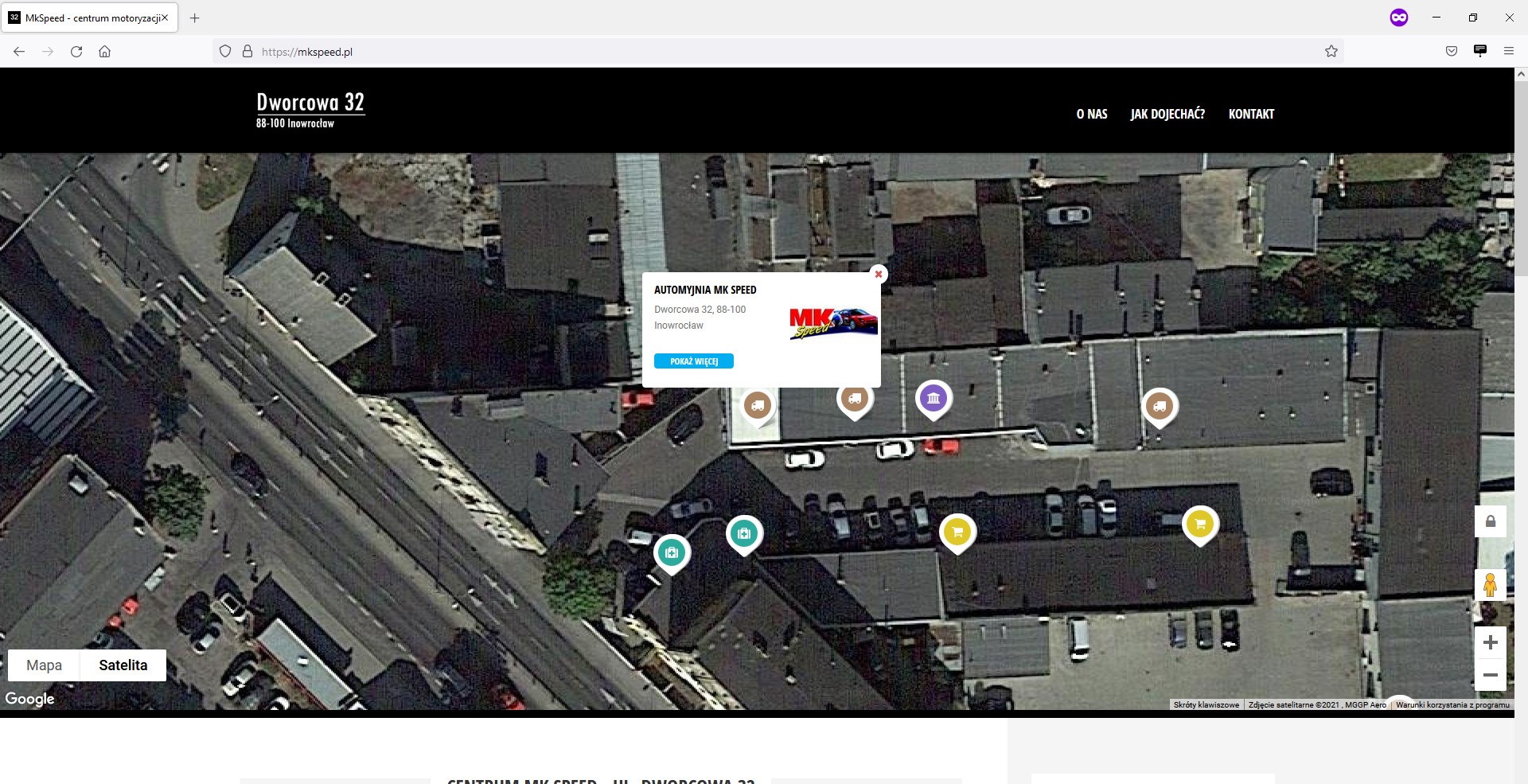 Widok z lotu ptaka na mapę z pinezkami wskazującymi lokalizacje, interaktywna strona internetowa z katalogiem miejsc i danymi adresowymi firmy 'Automyjnia MK Speed'.