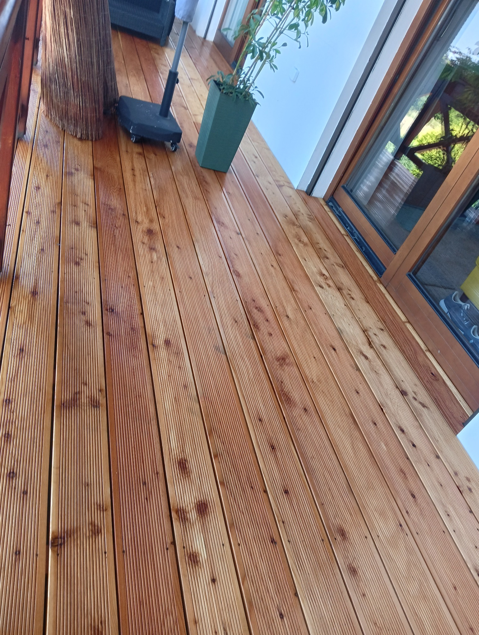 Świeżo ułożona, impregnowana deska tarasowa z widocznymi słojami, donicą z rośliną i fragmentem mebla ogrodowego.