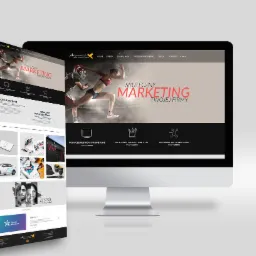 Ekran monitora wyświetlający stronę internetową z dynamiczną grafiką sportowców w biegu i hasłem 'Skuteczny Marketing Twojej Firmy', obok monitora widoczny fragment layoutu strony prezentujący...