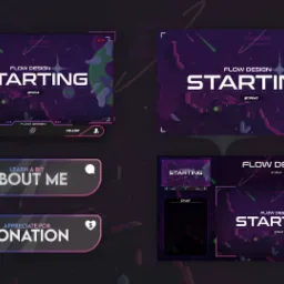 Zestaw animowanych nakładek graficznych z motywem kosmicznym, przeznaczonych dla transmisji na żywo, z napisami 'Starting', 'Donate', 'Follow', 'About Me', 'Donation'.