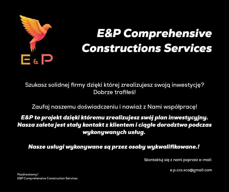 Logo firmy budowlanej E&P Comprehensive Constructions Services z motywem pomarańczowo-żółtego ptaka w locie, prezentujące ofertę solidnych usług budowlanych i kontakt e-mail.