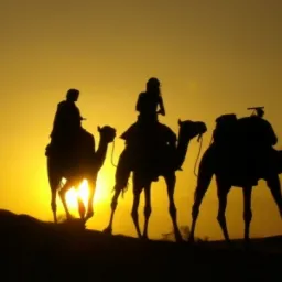 Silhouetted figures riding camels across a sandy landscape at sunset, with the sun low on the horizon creating a warm, golden glow.