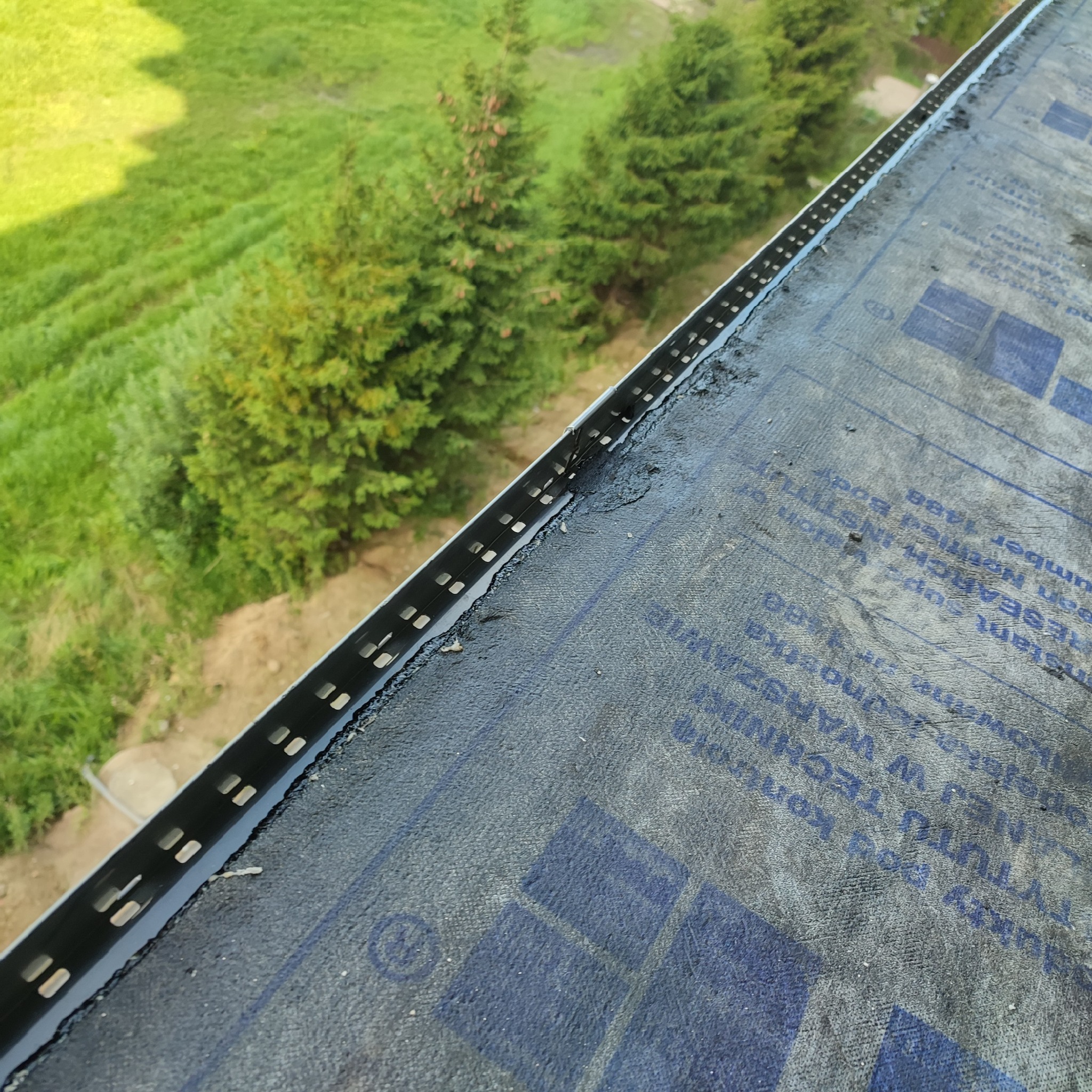 Widok z góry na fragment dachu pokryty membraną dachową z widoczną perforowaną listwą okapową i fragmentem zieleni w tle.