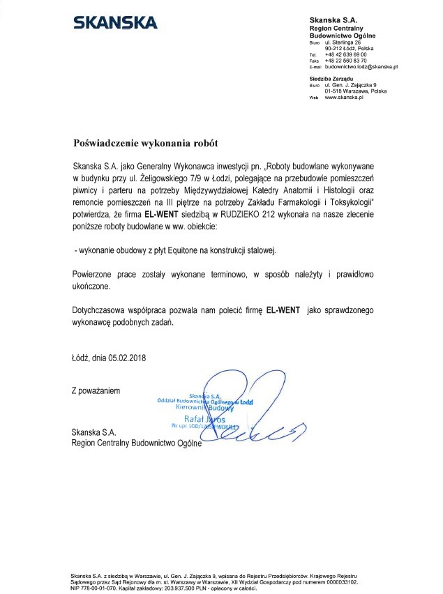 Skan poświadczenia wykonania robót budowlanych przez Skanska S.A. dla firmy EL-WENT, obejmujących wykonanie obudowy z płyt Equitone na konstrukcji stalowej w budynku przy ul. Żeligowskiego 7/9...