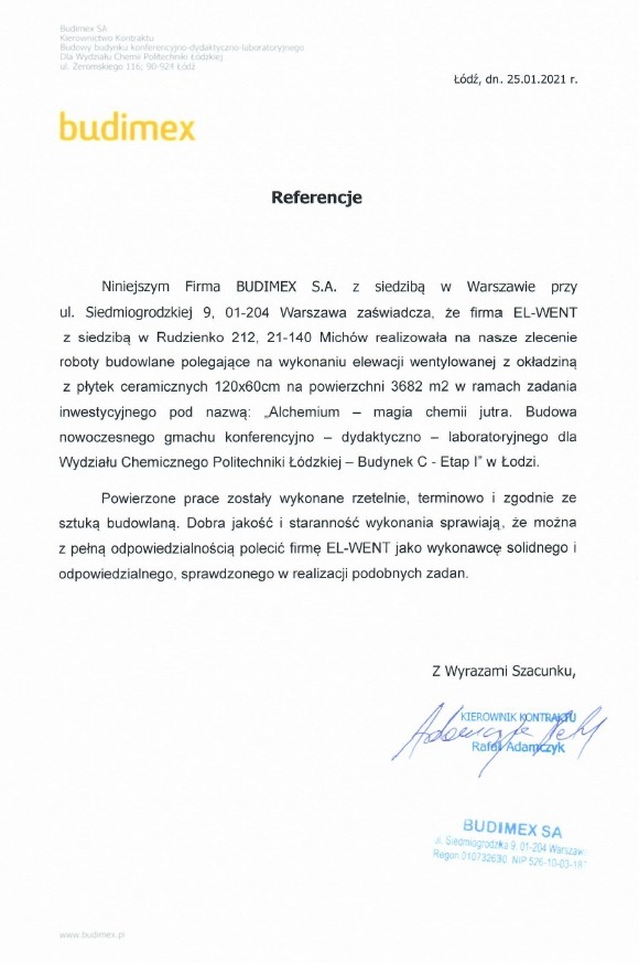 Skan dokumentu referencyjnego od firmy Budimex dla firmy EL-WENT, potwierdzający wykonanie elewacji wentylowanej z płytek ceramicznych na budynku Wydziału Chemicznego Politechniki Łódzkiej.