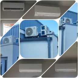 Kompozycja zdjęć przedstawiająca zainstalowane jednostki klimatyzacyjne marki Gree: wewnętrzne na szarej ścianie oraz zewnętrzne na dachu budynku o niebieskiej elewacji.