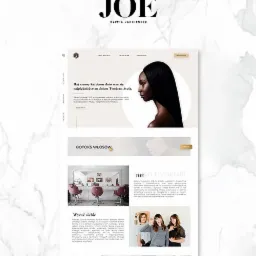 Zrzut ekranu strony internetowej salonu fryzjersko-kosmetycznego JOE, z elementami graficznymi, zdjęciami modelek i informacjami o ofercie, na tle marmurkowej tekstury.