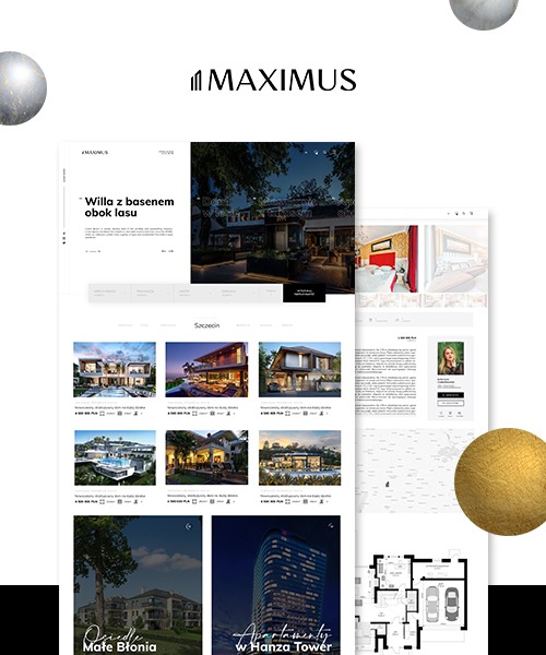 Prezentacja strony internetowej z ofertami nieruchomości: wille z basenami, apartamenty, osiedla, widok na budynki, plany mieszkań.