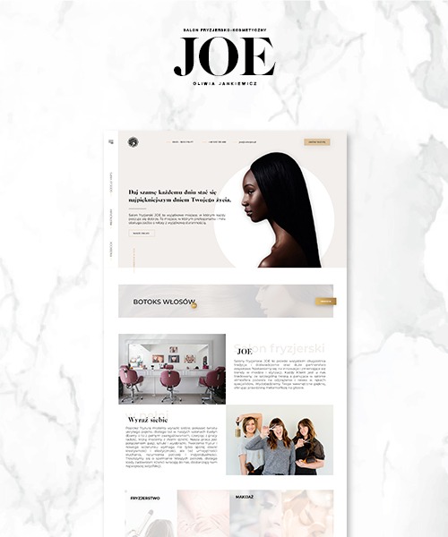Zrzut ekranu strony internetowej salonu fryzjersko-kosmetycznego JOE, z elementami graficznymi, zdjęciami modelek i informacjami o ofercie, na tle marmurkowej tekstury.