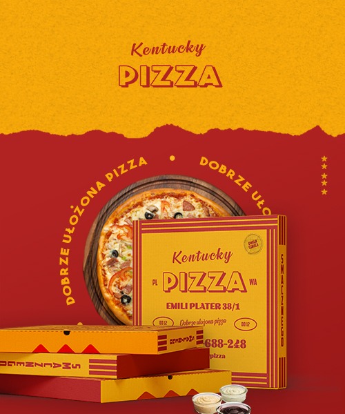 Grafika reklamowa pizzerii Kentucky Pizza z pizzą na drewnianej desce, pudełkami na pizzę i sosami na czerwono-żółtym tle.
