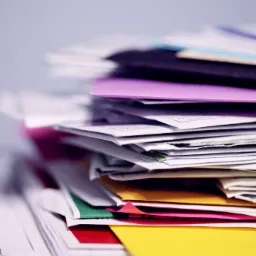 Stos dokument&oacute;w i kolorowych teczek, widoczne segregatory w kolorach ż&oacute;łtym, czerwonym, zielonym, fioletowym i czarnym, ułożone warstwami na sobie.