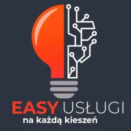 Logo firmy Easy Usługi przedstawia żarówkę, której jedna połowa jest pomarańczowa, a druga biała i przypomina schemat elektroniczny. Pod spodem znajduje się napis 'EASY USŁUGI na każdą kieszeń'.