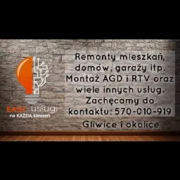 Grafika reklamowa firmy remontowej z Gliwic, prezentująca ofertę remontów mieszkań, domów, garaży oraz montażu AGD i RTV. Logo firmy 'Easy usługi' w formie żarówki z elementami elektronicznymi...