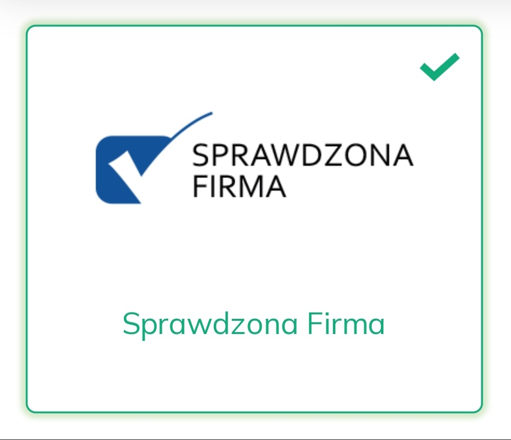 Logo 'Sprawdzona Firma' z niebieskim symbolem odhaczenia i zielonym obramowaniem oraz zielonym znakiem akceptacji w prawym górnym rogu.